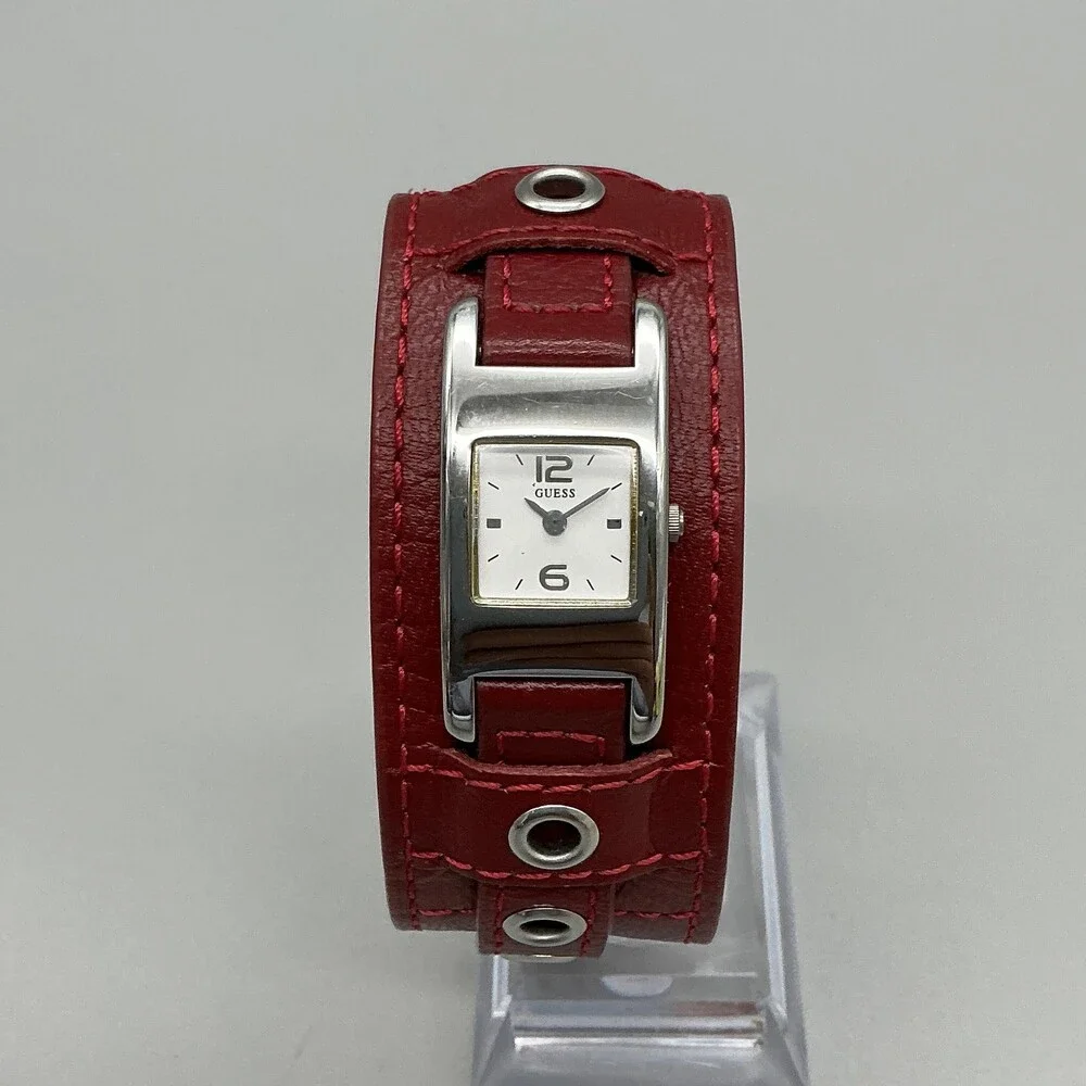 Guess G66225L Womens Watch 18mm White Dial Red Leather Cuff New Battery